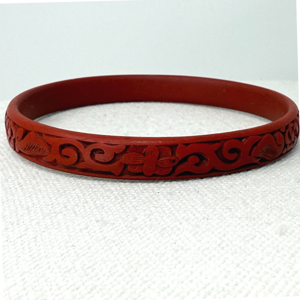 Vintage Carved Red Cinnabar Bangle Bracelet Floral Scroll Design Artisan Jewelry